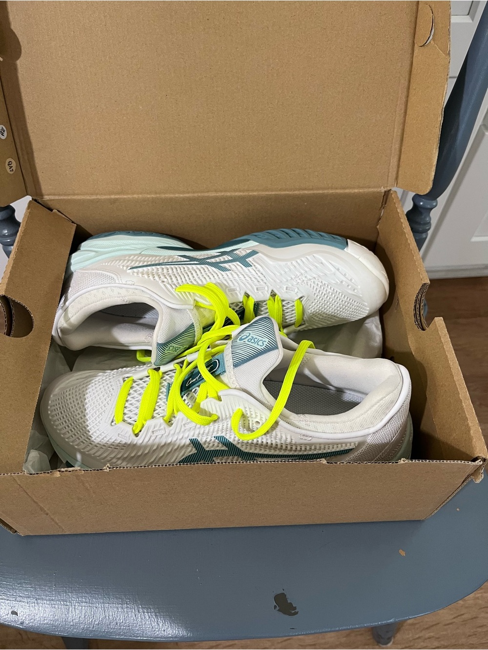 ASICS Ladies White with Teal Accents and Neon Yellow Laces COURT SHOES